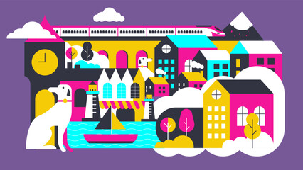 Cute and creative vector illustration of a colourful city street