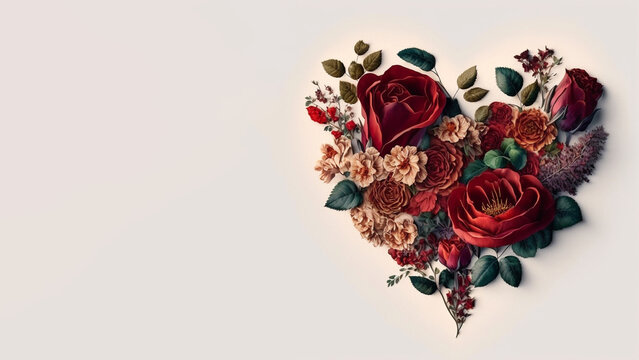 A heart shaped arrangement of red roses on a white background, Valentine's day concept illustration, Generative AI