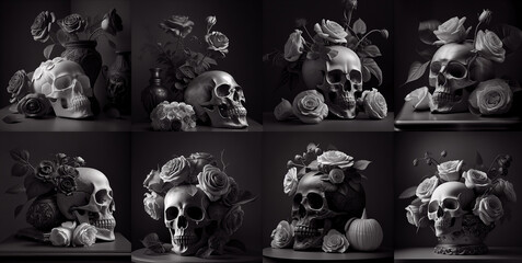 Monotone Black and white set of skull and roses still life created using generative AI technology