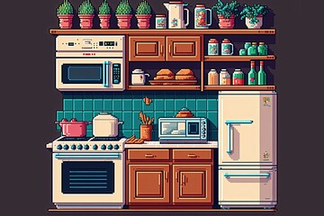 Pixel art retro kitchen view, old kitchen, background in retro style for 8 bit game, Generative AI