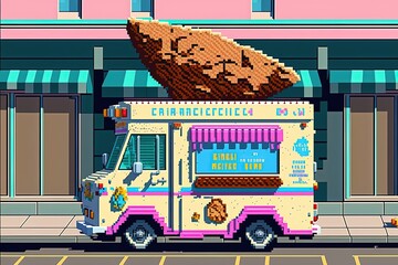 Pixel art ice cream car, background in retro style for 8 bit game, Generative AI