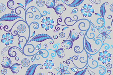 Fototapeta premium Vector gray-blue seamless gradient pattern with vintage flowers and butterflies