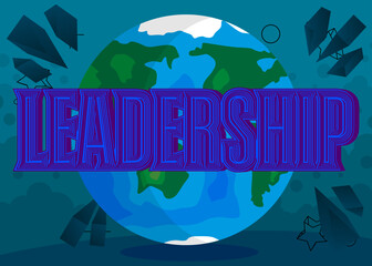 Planet Earth with Leadership text. Cartoon Space, cosmos. Vector cartoon illustration.