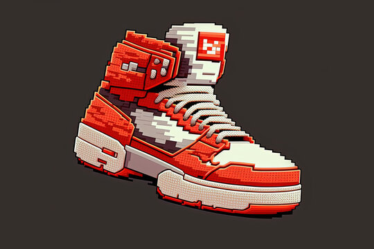 Pixel art sneakers in 80s colors, retro style item for 8 bit game, Generative AI
