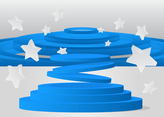 Blue, White product display. Vector 3D room, cylinder pedestal podium. Stage showcase for presentation. Futuristic Sci-fi minimal geometric forms, empty scene.