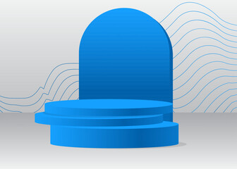 Blue, White product display. Vector 3D room, cylinder pedestal podium. Stage showcase for presentation. Futuristic Sci-fi minimal geometric forms, empty scene.