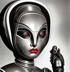 Head and face of a sci-fi humanoid female figure with large round red eyes and black eyebrows. Robot is staring at or communicating with a small mechanical device or droid. Generative AI fantasy art.