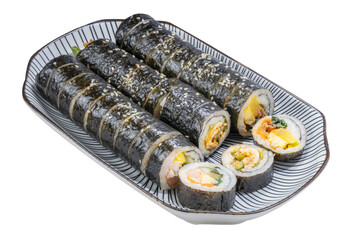 Korean Seaweed Rice Rolls or Kimbap Korean dish made from cooked rice  vegetables, meats that are rolled in seaweed, Bulgogi Kimbap and pork bbq Kimbap Korean food Isolate on white PNG File.