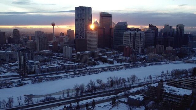 Winter sunset drone footage of Calgary's downtown