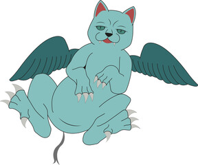 Tressym mystical cat. Mythological winged cat. Alternative cat cartoon.