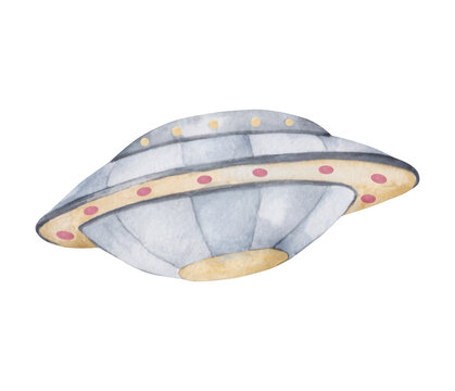 UFO illustration in a watercolor style on a white background