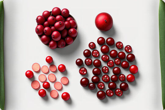 Top view of cranberries fruits of Vaccinium oxycoccus. separating shadows and clipping paths. goo.gl xvn1is Layers. Generative AI