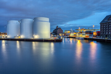 Storage tanks and part of the harbor in Berlin at night