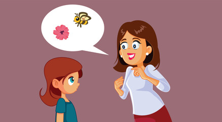 Mom Discussing Health Education with Daughter Vector Cartoon Illustration. Mom and little girl talking about reproduction in a metaphoric way 
