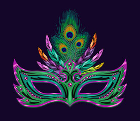 Carnival masquerade turquoise mask decorated with beads, bundle of colorful feathers. Detailed illustration in vintage style