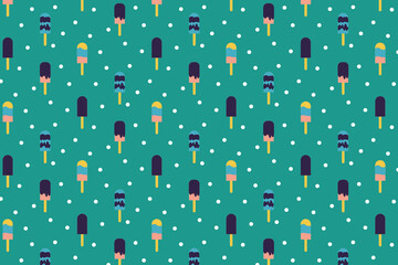Endless ice cream pattern design on a green background. Sweet dessert pattern vector with colorful popsicles and white dots. Special ice cream background for wrapping paper, book cover, and wallpaper.
