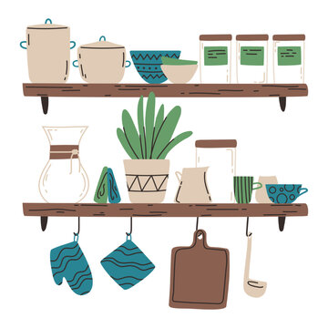 A kitchen shelves with kitchenware flat illustration. Kitchen utensils for cooking, serving utensils, coffee fixtures and potted plant. Interior of a kitchen room vector illustration
