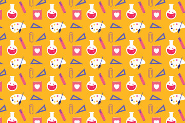 Educational seamless pattern decoration for the backdrop, wallpaper, book cover, or background. Academic endless pattern vector with a test tube, scale, and art board. Minimal study background texture