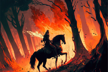 The knight galloping through the fire forest on a horse, digital art style, illustration painting, generative ai