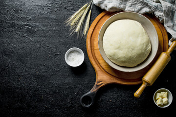 Dough in a bowl on a cutting Board.