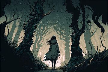 woman walks on dystopia world in the forest, digital art style, illustration painting, generative ai