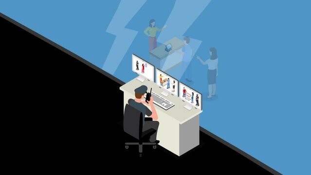 Officers monitoring security camera in mall 3d animation cartoon