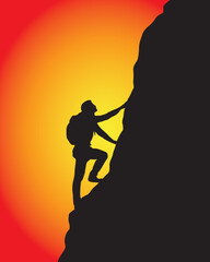 Man climbing on the mountain rock silhouette vector. Motivational success concept. 