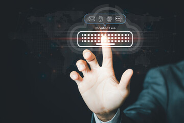 Contact us or the Customer support hotline people connect. Businessman using touching on virtual screen contact icons ( email, address, live chat, internet wifi ).
