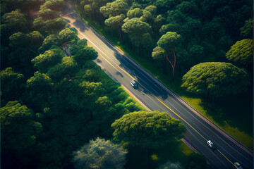 Aerial view of a car on the road in the green forest . AI