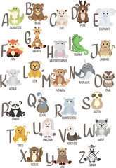 English alphabet Cute Animals for kids education. Funny hand drawn character style. Vector illustration.