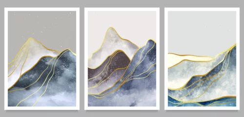 Poster Set of Natural abstract mountain landscape and golden line art pattern. Abstract contemporary aesthetic backgrounds landscapes. with mountains, hill, landscape. vector illustrations © gina