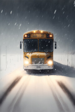 School Bus driving in a Snow Storm in the Evening with lights on created with Generative AI