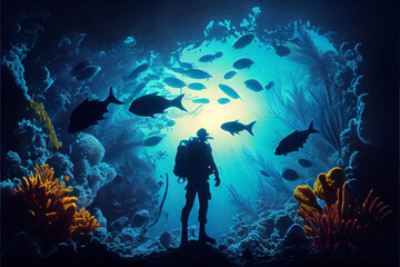 Fototapeta na wymiar illustration of underwater world with diver and coral reefs. AI