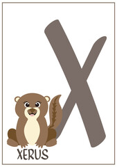 Alphabet cards for kids. Educational ABC card for preschool education with animals and letters vector illustration set. Cards with cute characters and English words in alphabetical order.