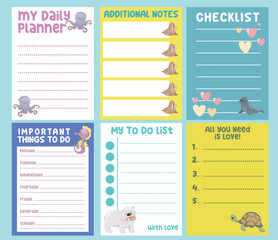 Beautiful note template. Cute sea animals design for children. Vector template for agenda, to do list, wish list, dear diary. Printable sheet for kids.