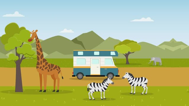 Motorhome Driving In Safari Zoo 2d Animation In 4k