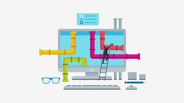 man climbing ladder to enter computer screen with piping system inside