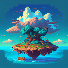 Fototapeta na wymiar Flying Island Pixel Art