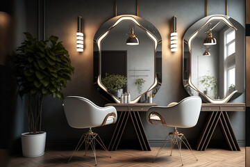 Hairdressers' workspace with lit mirrors and comfortable chairs at a high end coworking space. A modern interior design idea for a hair salon. Horizontal positioning. Generative AI