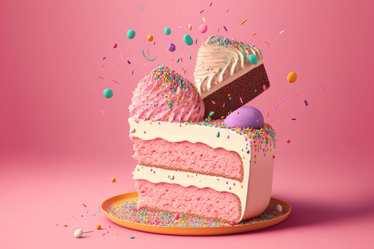 Pink background with sprinkles and a colorful birthday cake. Generative AI