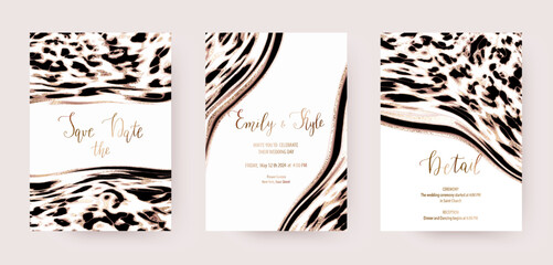 Holiday invitation templates with leopard animal texture and gold stains. © NikaMooni
