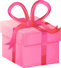 Closed pink box with red ribbon bow. Illustration isolated on white background in realistic cartoon style.