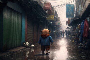 Fototapeta na wymiar Homeless and hopeless teddy bear in dirty city slums alone in the rain and emotionally broken; forgotten, unloved and lost with no friends - Generative AI illustration. 