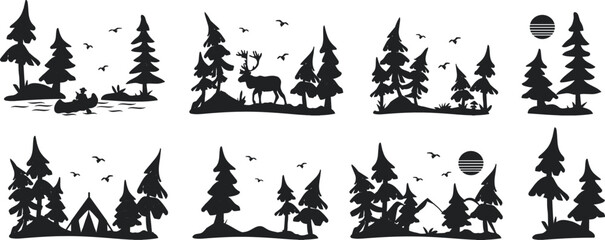 Fototapeta na wymiar forest landscape vector silhouette. mountains, fir trees, deer, tent, boat vector silhouette