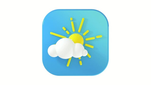 3D sun behind a cloud icon on a blue button on a white background with a smooth 4K animation cycle. 3D Illustration