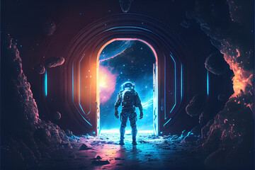 illustration of astronaut working for space station in outer space portal.AI