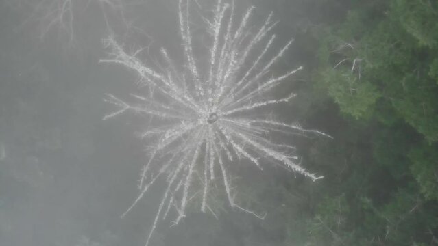 Forest Engulfing Foggy Clouds On A Cold Winter Morning. Aerial Drone Ascending