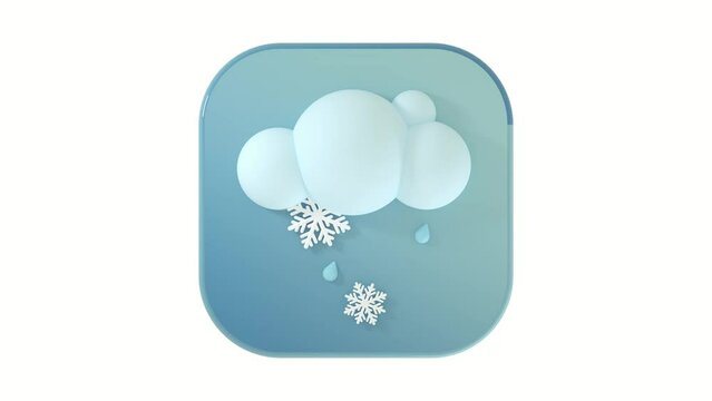 3D cloud icon with raindrops and snowflakes on a gray button on a white background with smooth 4K animation cycle. Animated weather icon. Snow and rain. 3D Illustration