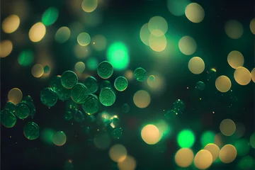 Poster illustration of festive Patrick day Fireworks light green gold emerald bokeh background. AI © terra.incognita