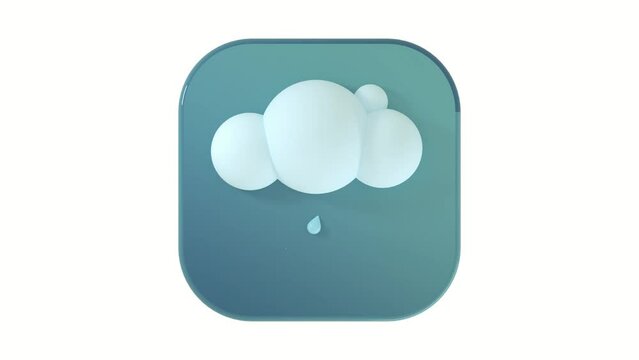 3D rain cloud icon with raindrops on a gray button on a white background with a smooth 4K animation cycle. Animated weather icon. 3D Illustration